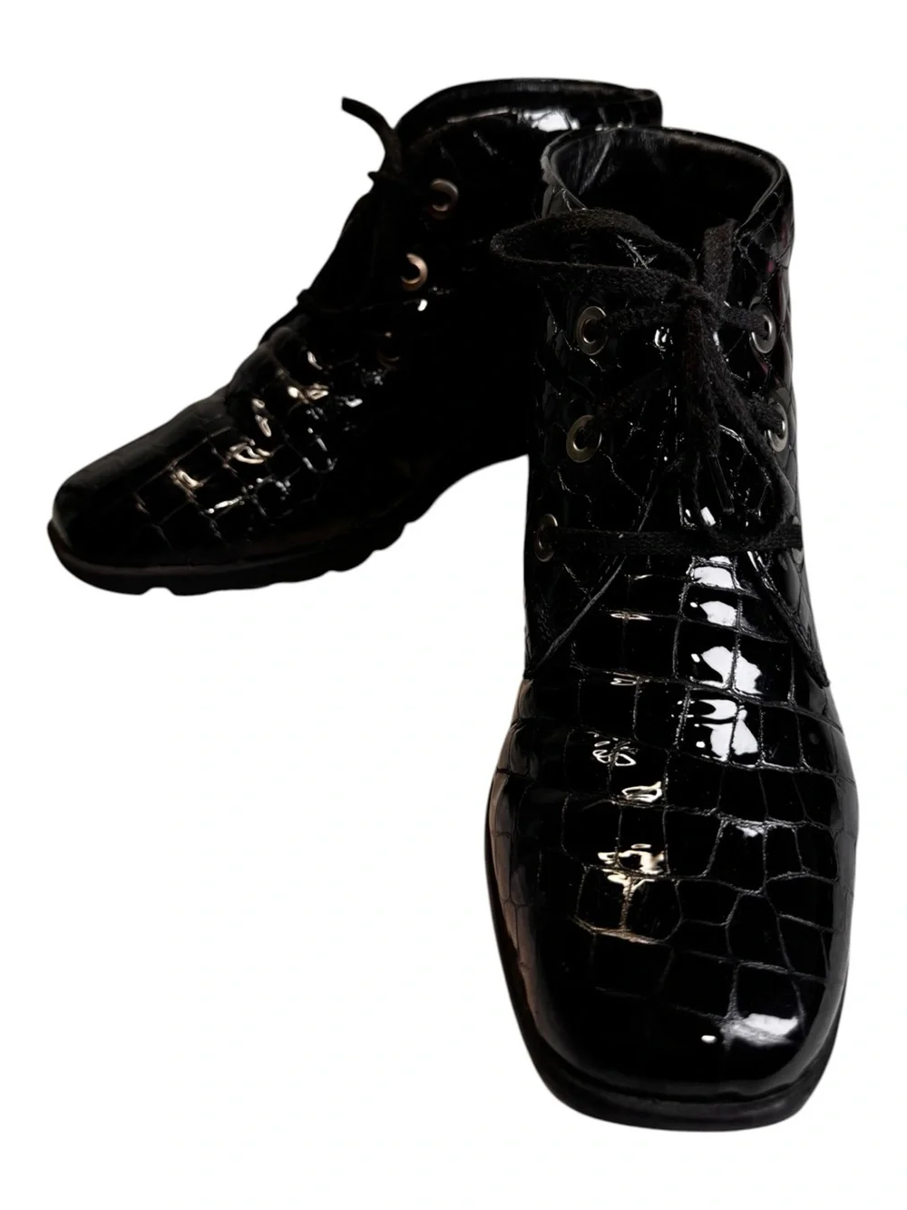 Josef Seibel Caren Croc Embossed Patent Leather Wedge Booties Black 38 7.5